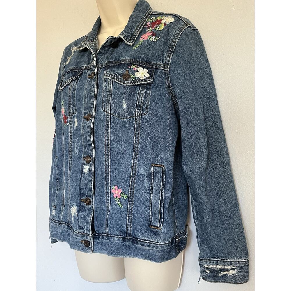 Wax Jean Floral Embroidered Distressed Denim Jacket Cowgirl Western Prairie Sz S - Picture 4 of 12